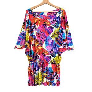 Vintage ABS Allen Schwartz Bright Palm Tropical Cover Up Kaftan Tunic Dress M